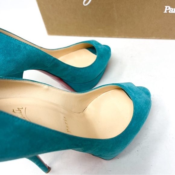 Christian Louboutin Troca 140 Genuine Suede Leather Peep Toe Heels Teel Sz 38.5 - Picture 5 of 9